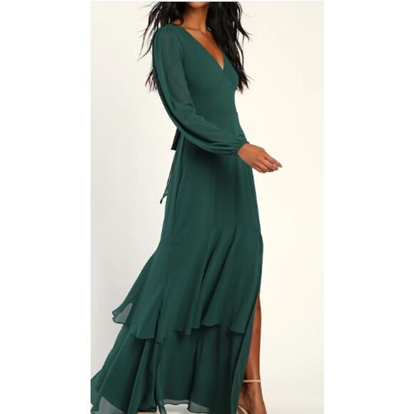 LULU'S L Tier Elegance Hunter Green Long Sleeve Tiered Formal Maxi Dress NEW 0B4 - Picture 1 of 10